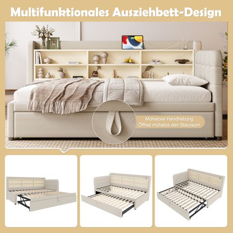 Canapé-lit convertible 90x200 cm, banquette d'appoint 180x200, lit gigogne avec rangements, ports USB-C, étagères intégrées, sommier à lattes en lin beige, matelas non fourni (1/5)