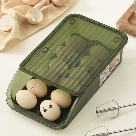 Boîte de rangement pour œufs en plastique transparent épais à roulettes automatiques, avec rainures, pour réfrigérateur et cuisine (vert). (1/4)