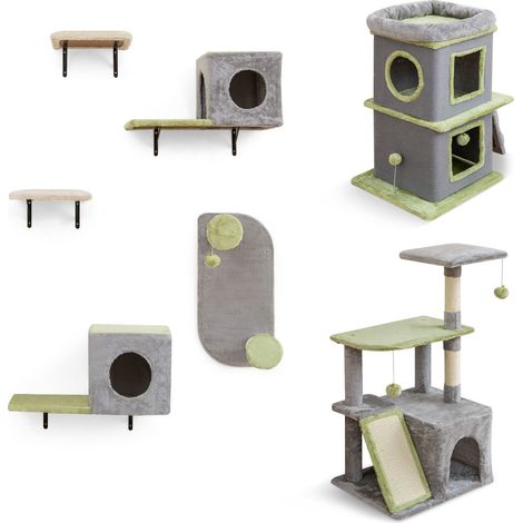Set di mobili da parete per gatti 60 x 30 x 30 cm centro attività e condominio a tre livelli in legno ingegnerizzato grigio 200011917