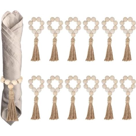 Lot de 12 ronds de serviette pour Noël, une ambiance champêtre ou un mariage - Perles en bois avec pompons - Décoration de table (1/5)