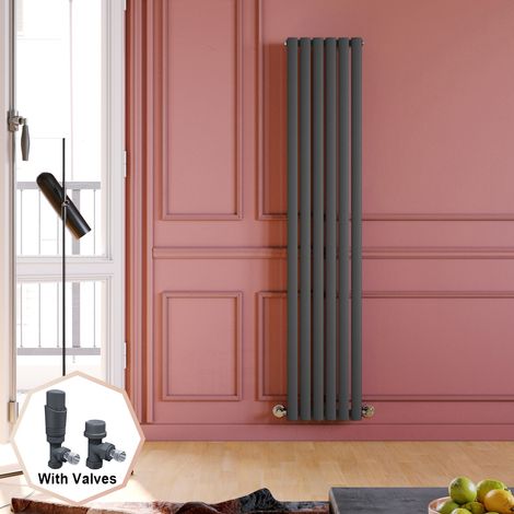 ELEGANT 1800 x 360 mm Anthracite Modern Single Oval Panel Designer Radiator Vertical Rads Compatible With All Heating Systems + Anthracite Thermostatic Radiator Valves (1/5)