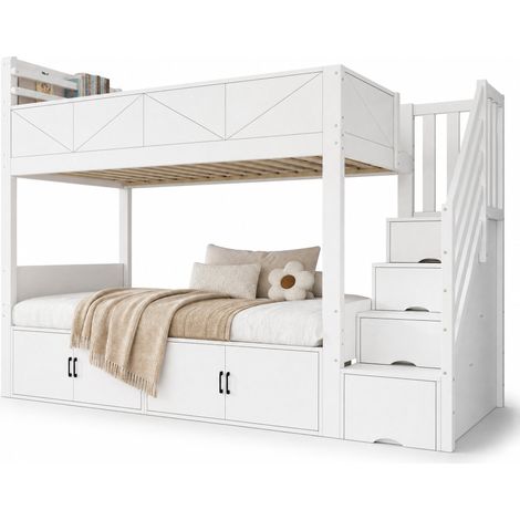 Lit superposé blanc 90x200 cm avec escalier de rangement, rangements fermés sous le lit, protection renforcée et niche livre, design panneau - CHICFURN (1/5)