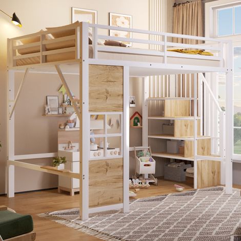 Cama alta, 140 x 200 cm, estructura de hierro, escalera de almacenamiento, espacio de almacenamiento abierto bajo la cama, ventana, barandilla de seguridad, colchón no incluido, blanca (1/5)