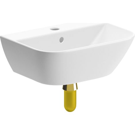 Signature Aztec Wall Hung Cloakroom Basin and Brushed Brass Bottle Trap 450mm Wide - 1 Tap Hole (1/2)