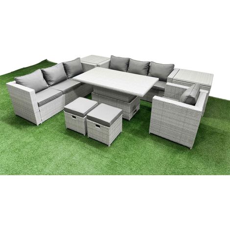 Fimous 8 PCs Rising Dining Table Set Rattan Furniture Set with 3 Seater Sofa Chair 2 Small Footstools 2 Side Tables Light Grey (1/5)