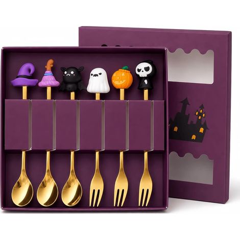 Set di cucchiai e forchette da dessert di Halloween, confezione regalo da 6 pezzi, oro (1/4)