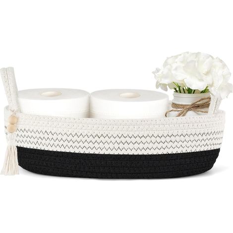 Petit panier de rangement — Décoration de salle de bain style bohème Panier en corde tressée, idéal pour les mouchoirs Convient pour les étagères, les chambres et le salon Coloris noir et blanc Lo (1/4)