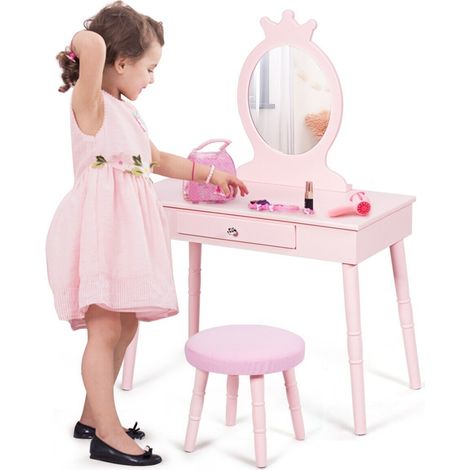 COSTWAY Kids Vanity Table and Chair Set Pretend Makeup Dressing Table W/ Mirror & Drawer (1/5)
