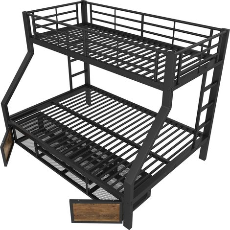 Lit superposé pour enfant 90 x 200 cm / 140 x 200 cm, avec meuble à chaussures, compartiments de rangement, barrière de sécurité, échelle, certifié EN747, sans matelas, noir