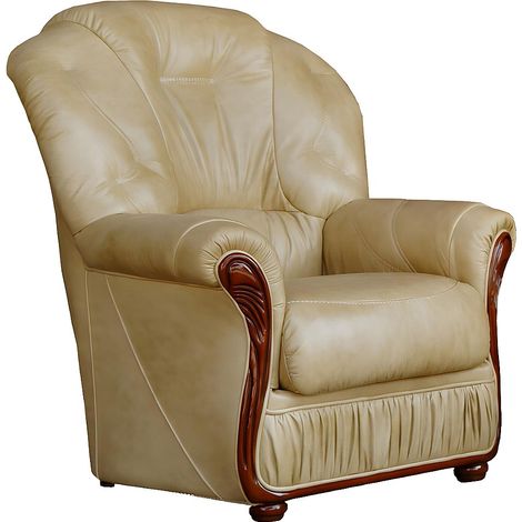 Vente-Unique – Fauteuil relax 1 place en cuir de buffle beige – Assise déhoussable – Accoudoirs sculptés en bois – Charge max 120 kg