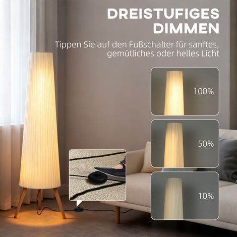 Lampadaire LED réglable en luminosité pour séjour, en bois avec base tripode, variateur au pied, dimensions 46 x 46 x 153 cm, blanc (1/4)