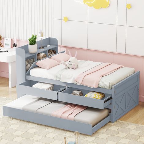 Letto Salvaspazio 90 x 190 cm in Legno Massello, Letto Singolo con Cassetti, Comodino, Porta USB, senza Materasso, Grigio