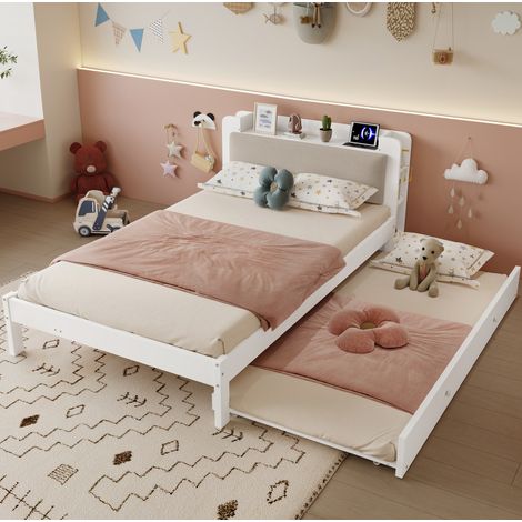 Letto funzionale bianco 120x200 cm con letto estraibile 90x190 cm e testiera imbottita (1/5)