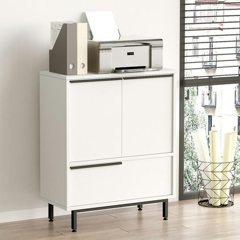 Meuble rangement bureau blanc 3 portes poignées noires JENA