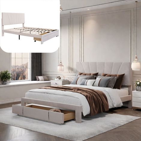 Letto matrimoniale imbottito 140x190 cm con testiera regolabile, ampi cassetti, tessuto in velluto, letto per adulti in stile scandinavo - Beige