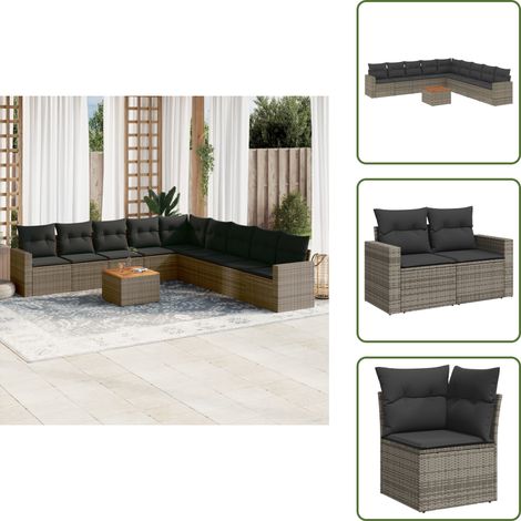 The Living Store 10-tlg. Garten-Sofagarnitur mit Kissen Grau Poly Rattan - Gartenmöbel Set - Lounge Möbel - Outdoor Möbel - Rattan Gartenmöbel - Wetterfeste Gartenmöbel (1/5)