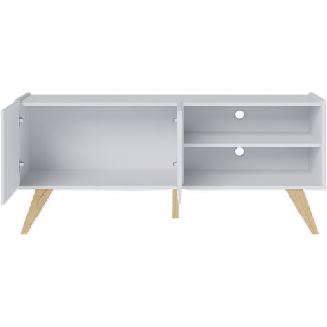 Meuble TV coloris blanc avec portes et étagères ouvertes pieds en chêne vieilli - Longueur 136 x Hauteur 59 x Profondeur 36 cm (1/3)