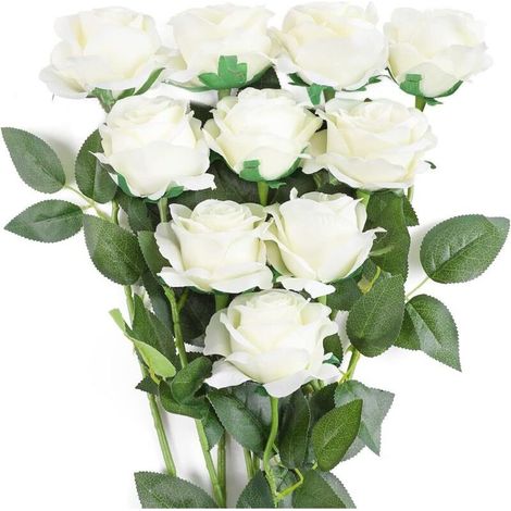 10 roses artificielles, bouquet de fleurs artificielles à tige longue unique, adapté à la décoration de la maison, des mariages et des fêtes (8 cm). (1/5)
