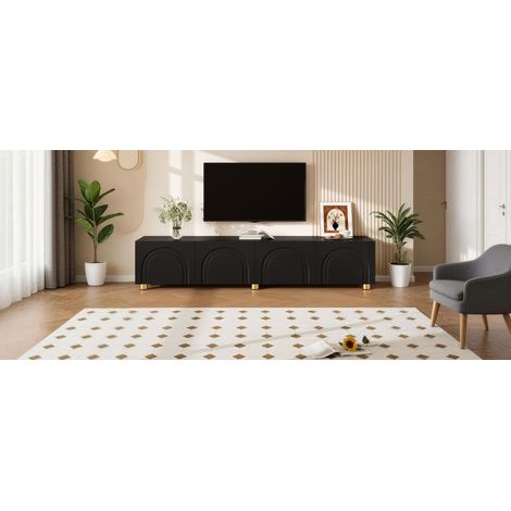 Meuble TV bas, buffet avec relief en arche, 4 portes, pieds en métal, rangement pour salon (1/5)