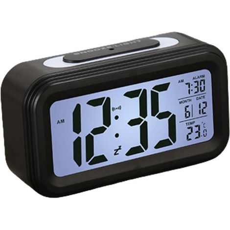 Réveil silencieux lumineux avec grand écran LCD, affichage de l'heure, réveil intelligent photosensible (noir) (1/5)