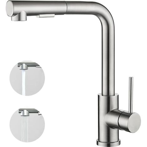 Robinet mitigeur de cuisine avec douchette extractible, poignée unique, pivotant à 360°, 2 modes de pulvérisation, robinet d'évier de cuisine, brossé