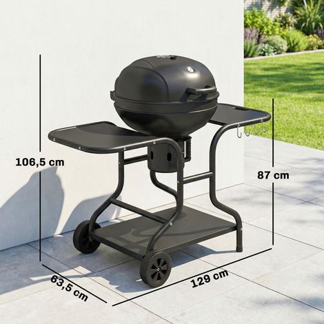 Barbecue fumoir à charbon de bois avec tablettes latérales, couvercle, thermomètre et roulettes, 129 x 63,5 x 106,5 cm (1/5)