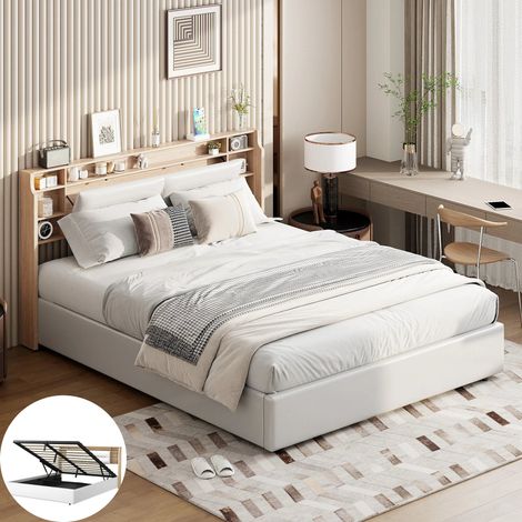 Lit double rembourré 160 x 200 cm Chambre complete adulte avec LED et rangement Lit coffre avec Tête de lit rembourrée PU Blanc (1/5)