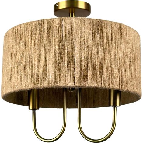 Plafonnier, en Papier cordé, métal, 2 Flammes, HxP : 35x35 cm, E14, Lampe Boho, Salon, Naturel/Bronze (1/5)