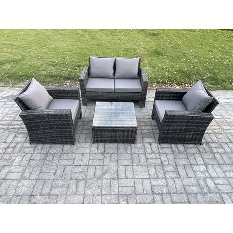 Fimous 4 PCS Outdoor Lounge Sofa Set Wicker PE Rattan Garden Furniture Set with Armchair Square Coffee Table Double Seat Sofa Dark Grey Mixed (1/5)