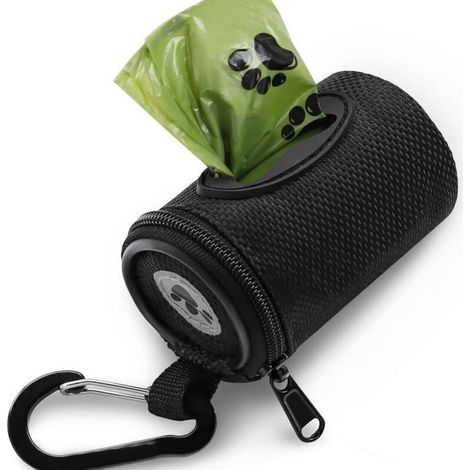 Distributeur de sacs à déjections canines, sac de transport en tissu doux pour chiots, petit sac à fermeture éclair avec mousqueton, 1 rouleau de sacs à déjections canines, noir (1/4)
