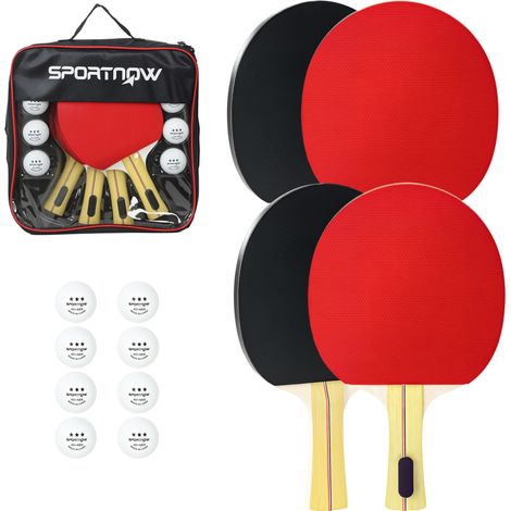 Lot de 4 raquettes de ping-pong rouges avec 8 balles et étui de transport pour débutants et experts, accessoire sport design sobre pour loisir pratique et complet