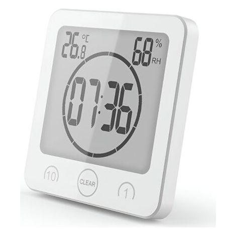 Horloge de Douche Salle de Bain, Contrôle Tactile étanche, Alarme Numérique LCD, Thermomètre Hygromètre, Minuterie de Compte à Rebours, Alimenté par Pile, pour Maquillage Cuisine (blanc) (1/5)