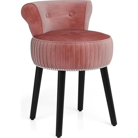 COSTWAY Chaise de Coiffeuse en Velours, Tabouret Coiffeuse avec Dossier, Pieds en Bois dHévéa, Patins Réglables, Tabouret de Maquillage, Dossier Bas Capitonné, pour Chambre Salon, 48x46x66 cm (Rose) (1/5)