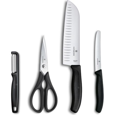 Victorinox Set da Cucina Professionale Classic, 4 Pezzi, incl. Pelaverdure, Forbici, Coltello Santoku, Lame Affilate, 7-17 cm, Robusti Manici in Plastica, Nero (1/5)