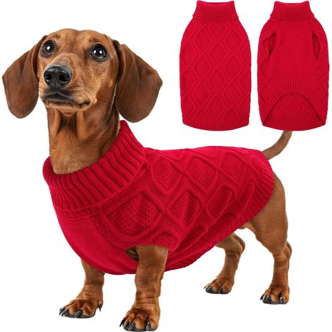 Pull tricoté rouge classique pour chien, vêtement d'hiver chaud et confortable à motif de losanges torsadés, chandail extensible et doux pour petits, moyens et grands chiens (1/5)