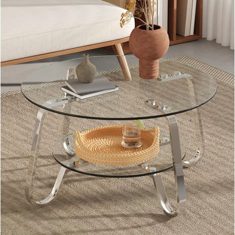 Couchtisch (90.5x89.0x10.5 cm), zweistufig, mit Sicherheitsglas, Metallgestell, Silber (1/5)
