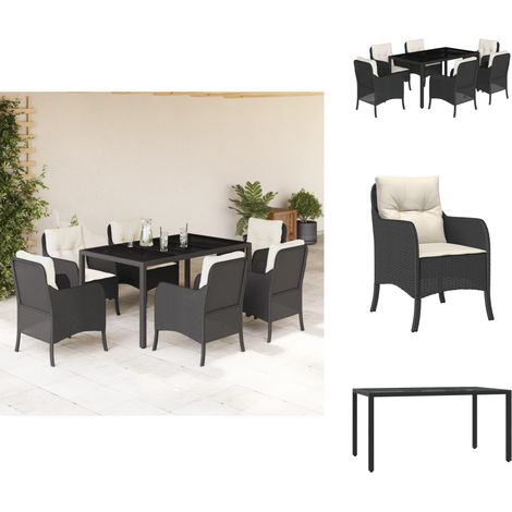 7-tlg. Garten-Essgruppe mit Kissen Schwarz Poly Rattan - Gartentisch - Esstisch - Gartenmöbel Set - Outdoor Möbel - Terrassenmöbel (1/5)