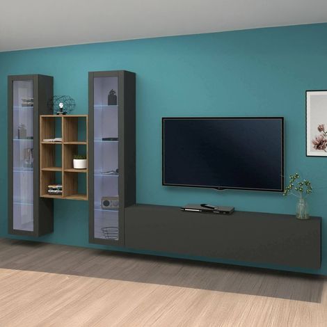 Dmora - Parete attrezzata Lome, Set salotto porta TV a 3 ante, Mobile soggiorno multiuso con vetrina e luce LED, 100% Made in Italy, cm 320x30h180, Antracite (1/5)