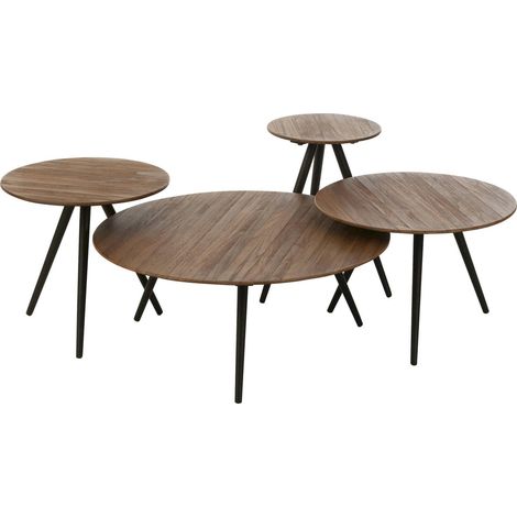 Table ronde teck naturel métal style contemporain salon élégant - Teck naturel et pieds métal noir (1/5)