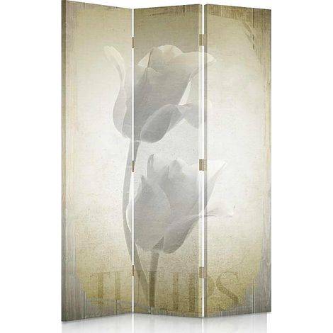 Paravent Élégance Florale: Tulipes Blanches Design Intemporel - 110 x 180 cm - 1 face déco, 1 face noir (1/5)