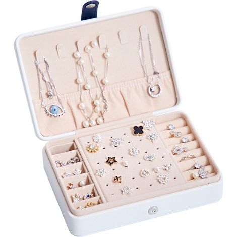 Two-tier leather jewelry box, organizer for necklaces, earrings, rings, and women's watches