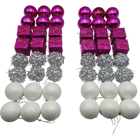 Christmas Baubles White Pink and Silver X48 (Xmas Tree Ornament Glitter Decoration) (1/3)
