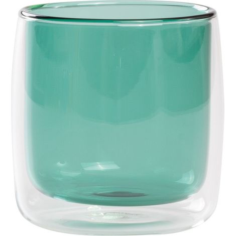 No Bilia Set 4 Bicchieri Tumbler Vetrocamera Trasparente e Verde Lago, Design a Doppia Parete in Vetro Borosilicato Soffiato a Mano, Moderni