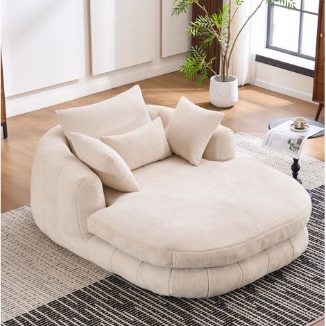 Sillón chaise longue XXL de chenilla blanca, asiento profundo, cojines incluidos, cómodo, uso interior (1/5)