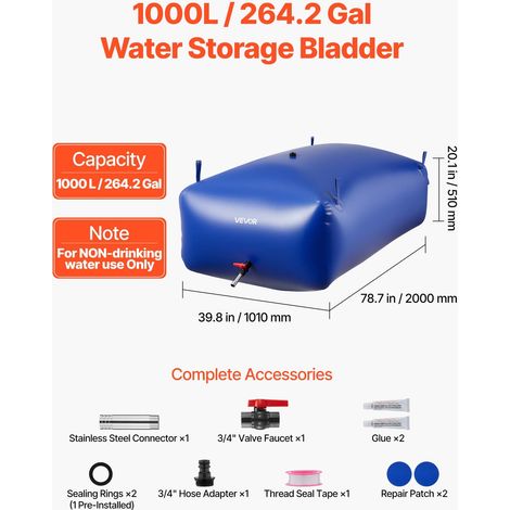 Réservoir d'Eau Souple 1000 L Vessie de Stockage Eau Pliable, Sac Conteneur d'Eau PVC Grande Capacité, pour Irrigation Jardin, Camping, Camping-car, Utilisation Extérieur, Stockage Urgence, Bleu (1/5)