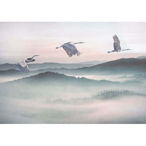 papier peint panoramique paysage avec des grues vert grisé et rose clair - Sanders & Sanders (1/5)