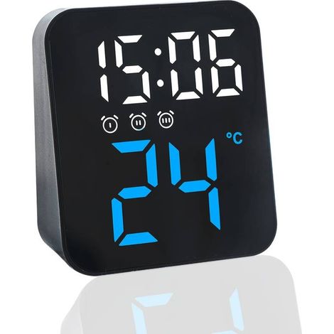 Reloj despertador digital compacto, modelo de mesita de noche, 3 funciones de alarma, pantalla LED portátil con indicador de temperatura y brillo ajustable. Para escritorios. (1/5)
