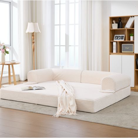 Canapé-lit convertible 2 places beige en tissu côtelé, gain de place avec accoudoirs rembourrés, 190x78x65 cm (1/5)