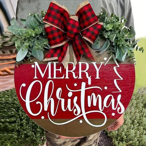 Weihnachtlicher Willkommenskranz, „Frohe Weihnachten“-Hängeschild für die Haustür, hölzerner Weihnachtstürkranz mit Schleife für rustikale Weihnachtsdekoration im Landhausstil (Joy) (1/5)