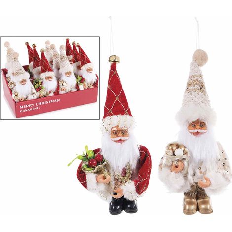 Babbo Natale in stoffa con sacco doni da appendere all'albero di Natale, in espositore da 12 pezzi, set da 12 pezzi, cm7x6,5x18,5H (capp.esteso)